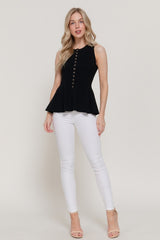 PEPLUM RIBBED BUTTON TOP