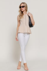 PEPLUM RIBBED BUTTON TOP