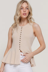 PEPLUM RIBBED BUTTON TOP