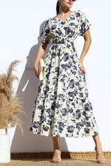 SANTORINI - SHORT SLEEVE FLORAL MIDI DRESS
