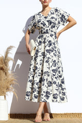 SANTORINI - SHORT SLEEVE FLORAL MIDI DRESS