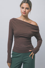OFF SHOULDER RIBBED LONG SLEEVE TOP