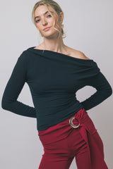 OFF SHOULDER RIBBED LONG SLEEVE TOP
