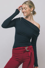 OFF SHOULDER RIBBED LONG SLEEVE TOP