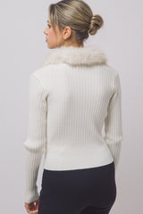 FUR COLLAR RIBBED CARDIGAN