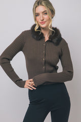 FUR COLLAR RIBBED CARDIGAN