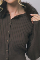FUR COLLAR RIBBED CARDIGAN