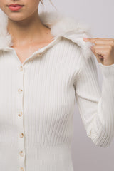 FUR COLLAR RIBBED CARDIGAN