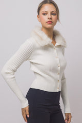 FUR COLLAR RIBBED CARDIGAN
