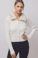 FUR COLLAR RIBBED CARDIGAN