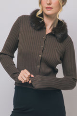 FUR COLLAR RIBBED CARDIGAN