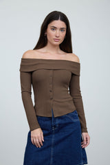 OFF SHOULDER RIBBED TOP WITH BUTTONS