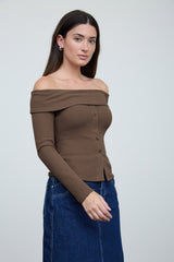 OFF SHOULDER RIBBED TOP WITH BUTTONS