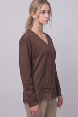 LACE BOTTOM V-NECK SWEATER