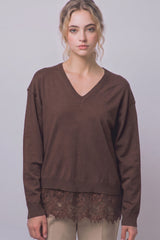 LACE BOTTOM V-NECK SWEATER
