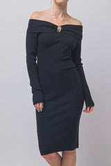 OFF SHOULDER RIBBED SWEATER DRESS