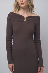 OFF SHOULDER RIBBED SWEATER DRESS