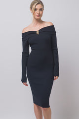 OFF SHOULDER RIBBED SWEATER DRESS