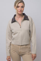 PU COLLAR ZIP CARDIGAN
