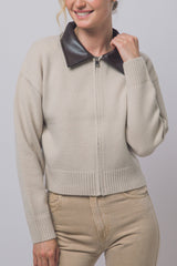 PU COLLAR ZIP CARDIGAN