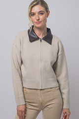 PU COLLAR ZIP CARDIGAN