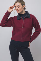 PU COLLAR ZIP CARDIGAN