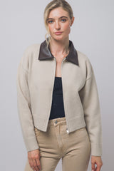 PU COLLAR ZIP CARDIGAN