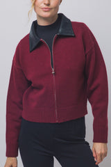 PU COLLAR ZIP CARDIGAN