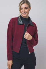 PU COLLAR ZIP CARDIGAN