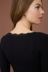 LACE TRIM RIBBED LONG SLEEVE TOP