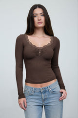 LACE TRIM RIBBED LONG SLEEVE TOP