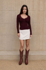LACE TRIM RIBBED LONG SLEEVE TOP