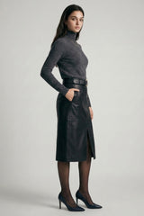 PU MIDI SKIRT WITH BELT