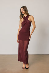 MERLOT - CROSS HALTER MIDI DRESS