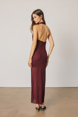 MERLOT - CROSS HALTER MIDI DRESS