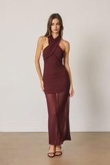 MERLOT - CROSS HALTER MIDI DRESS