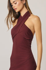 MERLOT - CROSS HALTER MIDI DRESS