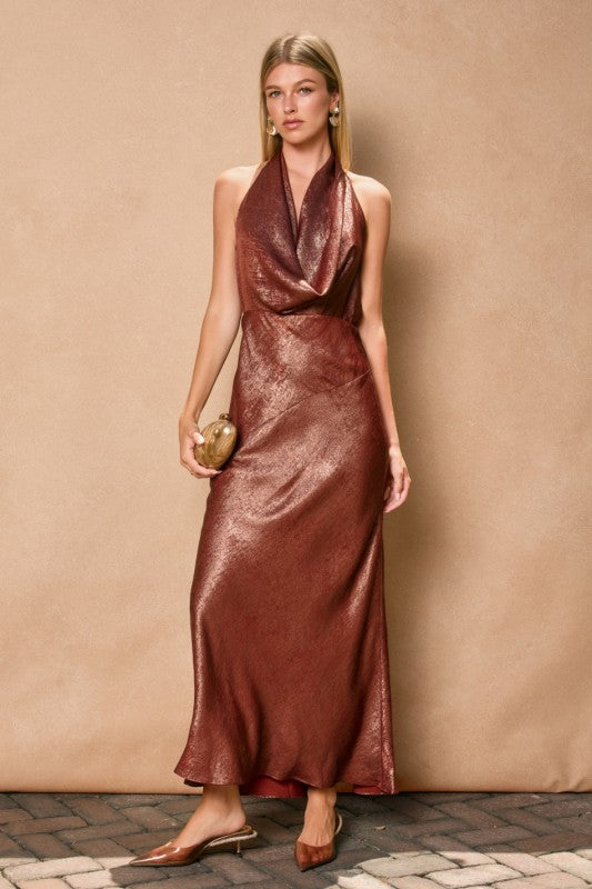 SUNSET - METALLIC HALTER MAXI DRESS