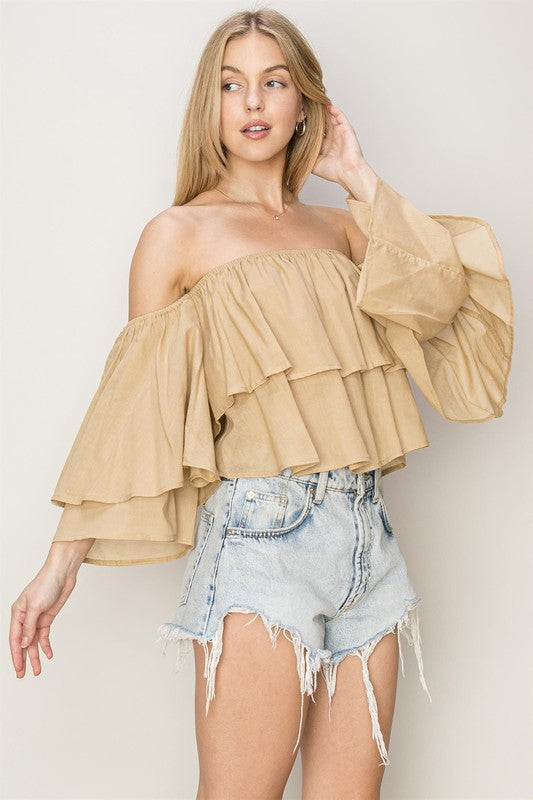 OFF SHOULDER VOILE RUFFLE TOP