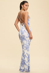 AZULLE - BLUE FLORAL MESH GOWN