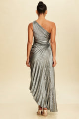 PEARL - METALLIC ONE SHOULDER PLEAT DRESS