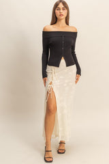 OFF SHOULDER BUTTON FRONT SWEATER