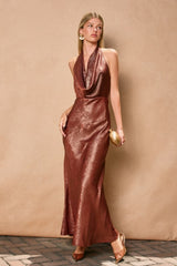 SUNSET - METALLIC HALTER MAXI DRESS
