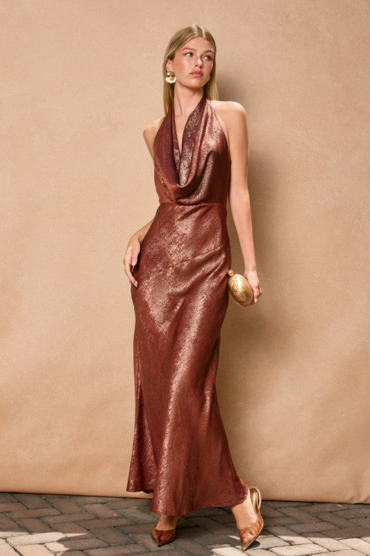 SUNSET - METALLIC HALTER MAXI DRESS