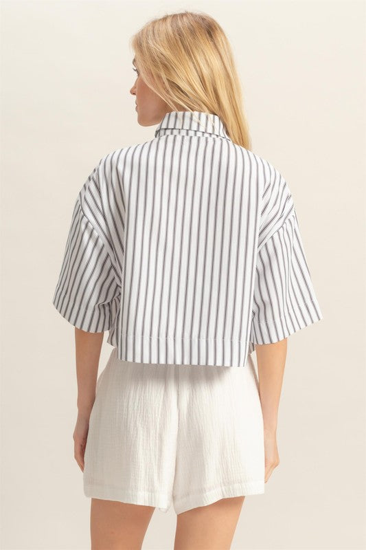 CROP STRIPE POCKET FRONT SHIRT