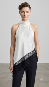 SATIN LACE TRIM MOCK NECK TOP