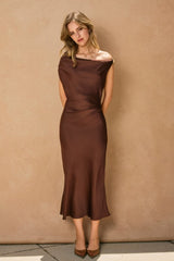 RUM RAISIN - OFF SHOULDER METAL DETAIL DRESS