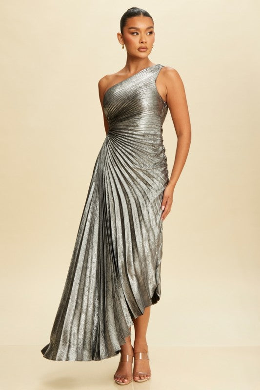 PEARL - METALLIC ONE SHOULDER PLEAT DRESS