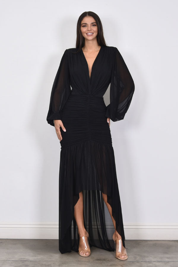 SIMONE - LONG SLEEVE MESH HI LOW GOWN