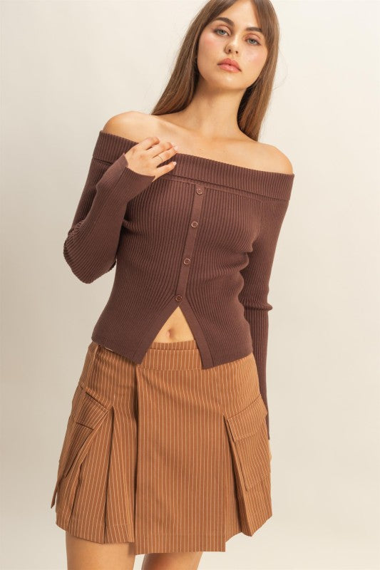 OFF SHOULDER BUTTON FRONT SWEATER